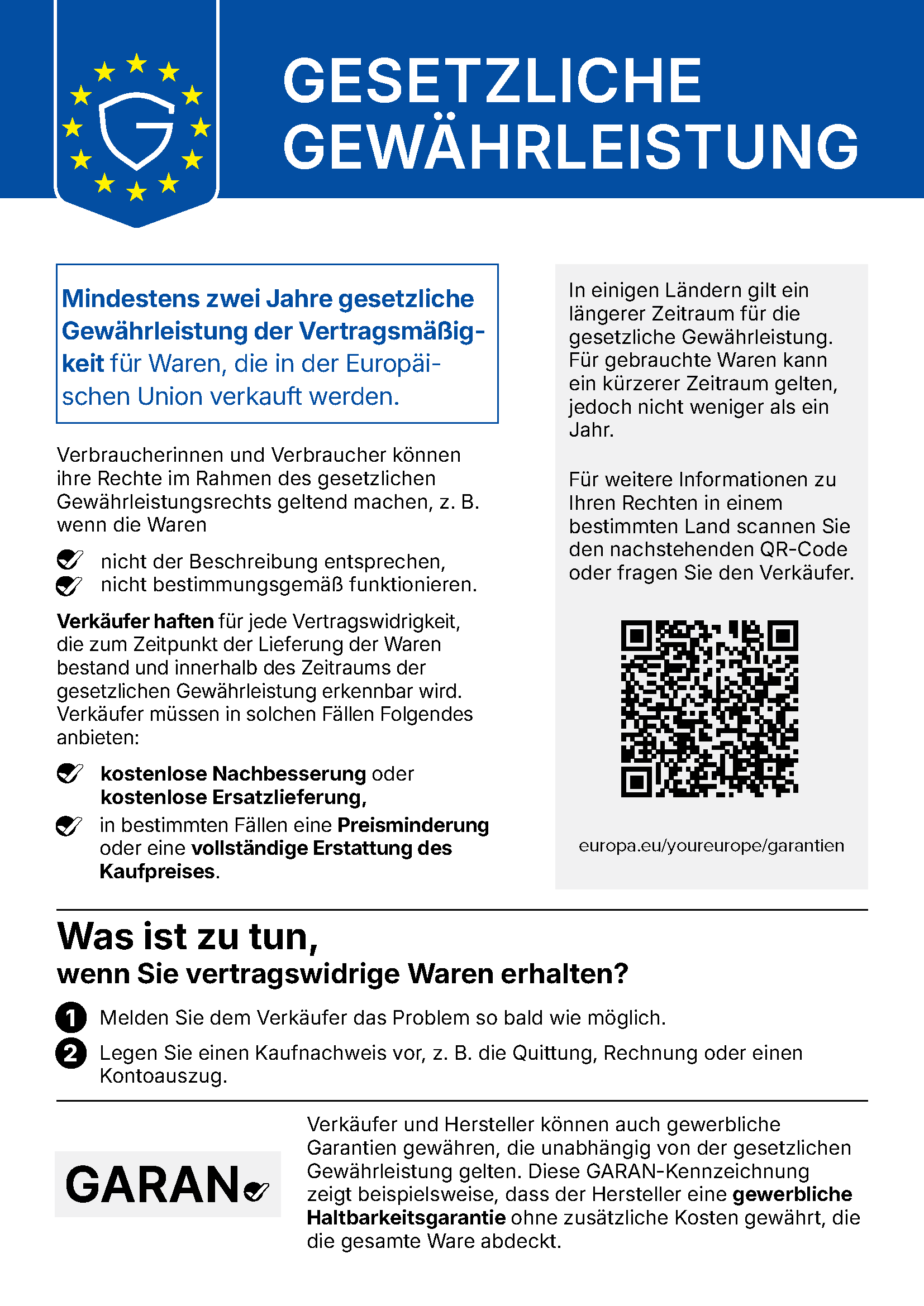EU-Hinweis: mindestens 2 Jahre gesetzliche Gewährleistung